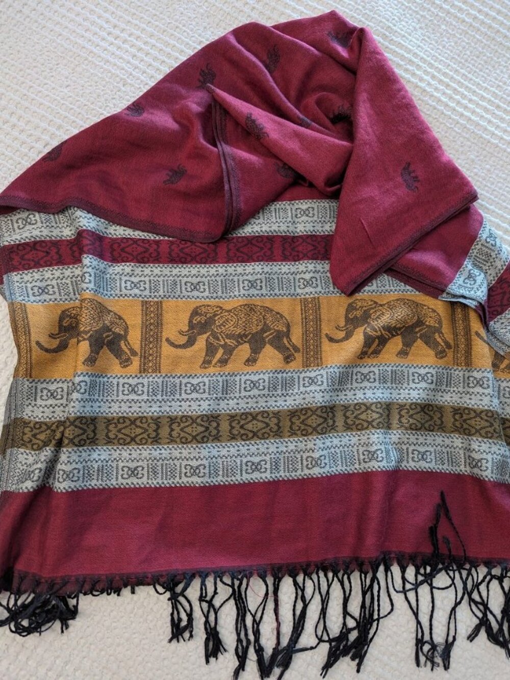 Burgundy Elephant Print Cashmere Pashmina Shawl Scarf